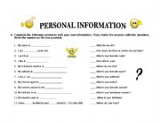 English Worksheet: PERSONAL INFORMATION