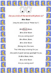 English Worksheet: Song: Mrs Moon : OO sound (Two pages)
