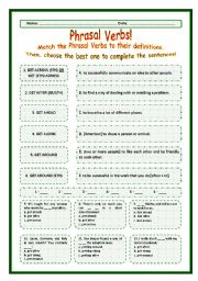 English Worksheet: > Phrasal Verbs Practice 38! > --*-- Definitions + Exercise --*-- BW Included --*-- Fully Editable With Key!