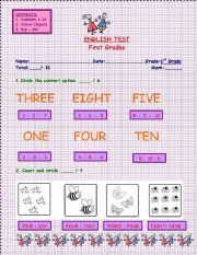 English Worksheet: English Test - First Grades - 4 Pages: Numbers - School Objects - Boy/Girl 