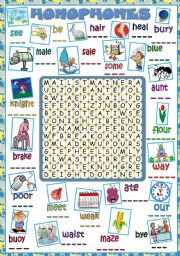 English Worksheet: Homophones - WORDSEARCH *B&W included*