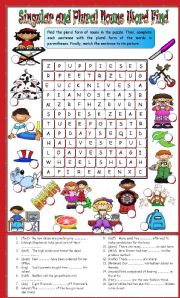 English Worksheet: Singular and Plural Nouns Word Find and Sentence Completion