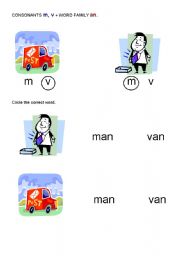 English Worksheet: Concepts about print 2.Consonants m,v + word family an. 