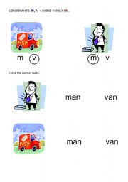 English worksheet: Concepts about print 2.Consonants m,v + word family an. 