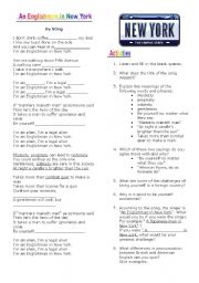English Worksheet: An Englishman in New York- Song by Sting.