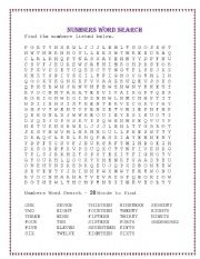 English Worksheet: numbers wordsearch