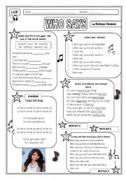 English Worksheet: LCP - Who Says (Selena Gomez)