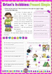 English Worksheet: Brians Hobbies  -  Reading + Writing