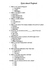 English worksheet: quiz about England