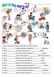 English Worksheet: What do they want to do?: in colour and grayscale with answer key. 