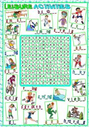 English Worksheet: Leisure Activities - WORDSEARCH (B&W included)