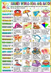 English Worksheet: SUMMER WORDS-READ AND MATCH (KEY INCLUDED)