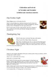 English Worksheet: celebrations in November and December in UK and USA