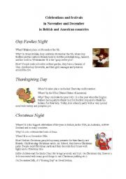 English worksheet: celebrations in November and December in UK and USA