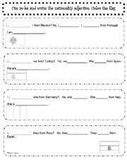English worksheet: To be + countries +nationalities