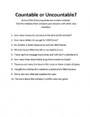 English Worksheet: countable or uncountable nouns
