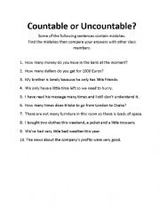 English worksheet: countable or uncountable nouns