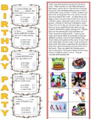 English Worksheet: Birthday Party- two pages