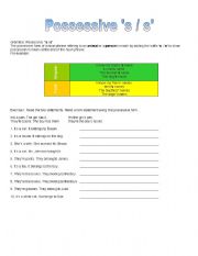 English Worksheet: possessive s / s