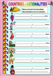 English Worksheet: COUNTRIES AND NATIONALITIES (ASKING AND ANSWERING)