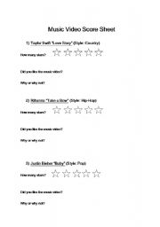 English worksheet: Music Video Rating Worksheet