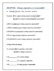 English worksheet: Shopping: Cheap, Expensive, or Reasonable?