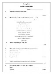 English Worksheet: Poetry Test Year 10 Pre-Literature