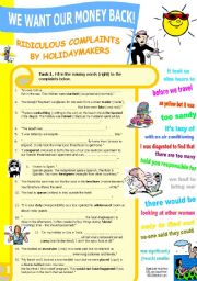 English Worksheet: Ridiculous Complaints by Holidaymakers (Vocabulary List+Gap-fill+Vocab Exercises w Solutions)