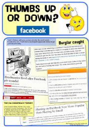 English Worksheet: Facebook: Thumbs Up or Down? (4 pages. Debate/Discussion+Vocab practice)