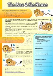 English Worksheet: The Lion and the Mouse (Fable). Reading Comprehension, Vocabulary Exercises w Solutions