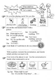English Worksheet: decisions: conversations with like and dislike