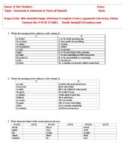 English worksheet: Exam on Synonym , Antonym & Parts of Speech