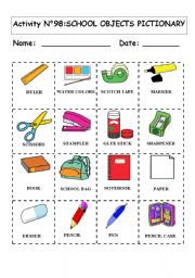 English Worksheet: SCHOOL OBJECTS PICTIONARY