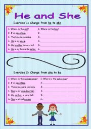 English Worksheet: He and She