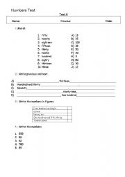 English worksheet: Numbers Test