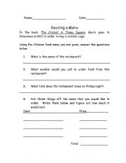 English Worksheet: A Cricket in Times Square- Reading a Menu