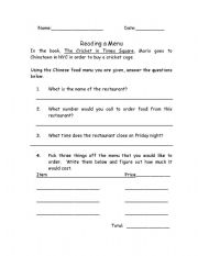 English worksheet: A Cricket in Times Square- Reading a Menu