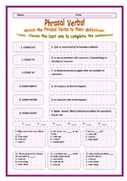 English Worksheet: > Phrasal Verbs Practice 13! > --*-- Definitions + Exercise --*-- BW Included --*-- Fully Editable With Key!