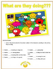 English Worksheet: Present continuous practice with funny characters