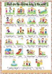 English Worksheet: What are the children doing in the park - Pictionary & Exercise