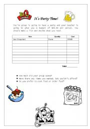 English worksheet: Its Party Time! - Food and money conversation acitivity