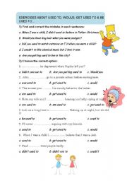 English Worksheet: Exercises (Used to, Would, be used to, get used to) with solution