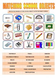 English Worksheet: MATCHING SCHOOL OBJECTS