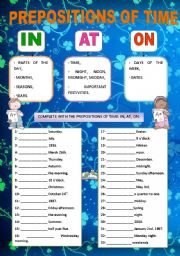 English Worksheet: PREPOSITIONS OF TIME - IN, AT, ON