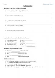 English worksheet: Simple Present, Possesive Pronouns, Much and many, Too and enough