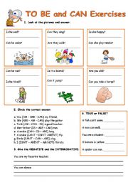English Worksheet: TO BE and CAN EXERCISES