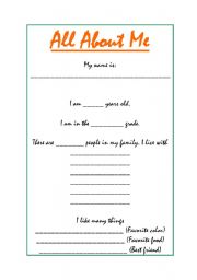 English Worksheet: All About Me