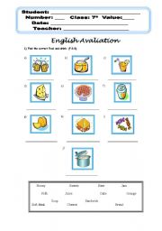 English Worksheet: Verb to Be and Food and Drink Test