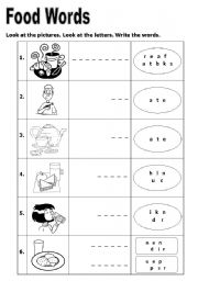 English Worksheet: Food Words (meals and verbs)