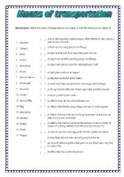 English Worksheet: Matching exercise: Means of transportation